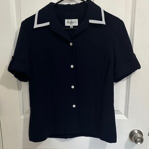 Y2K Navy:Dark Blue Button-Down Shirt with White Trim Size 8